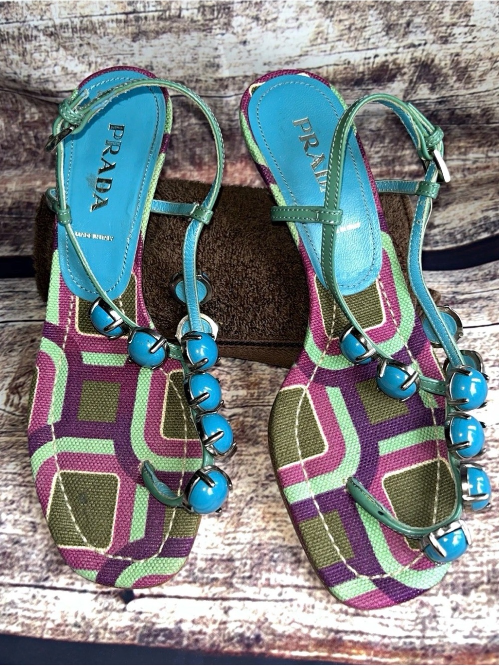 Prada Turquoise Vintage 2003 Beaded T-Strap Sandals